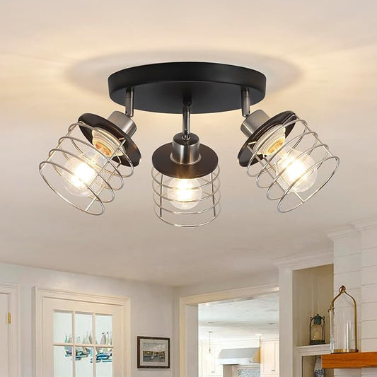 Brushed Nickel Kitchen Light Fixture Ceiling Mount, Semi Flush Mount Ceiling Light, Multi-Directional Track Ceiling Lighting for Kitchen Farmhouse Hallway Dining Room Entryway (Black & Brushed Nickel)