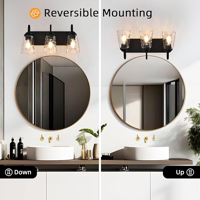 3-Light Bathroom Light Fixtures, Coastal Vanity Lights with Crystal Glass Shade, Black Bathroom Wall Lamp for Mirror Kitchen Hallway Bedroom