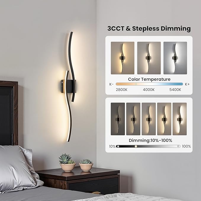 WOSHITU Black Battery Operated Wall Sconces: 39 Inch Rechargeable Sconce Wall Lighting Set of Two with Remote & 3CCT Dimmable, Modern Cordless Wall Light for Bedroom Living Room Hallway Bathroom