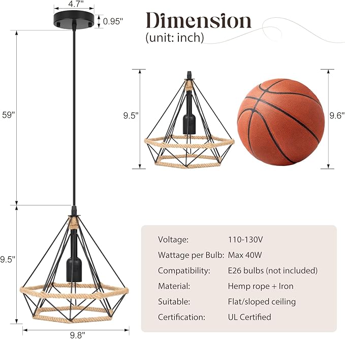 ropelux Pendant Lights Fixtures, Black Farmhouse Kitchen Island Lighting, Adjustable Height Modern Metal Hanging Light Fixture for Kitchen Island Sink Dining Room Bedroom- 2 Pcs