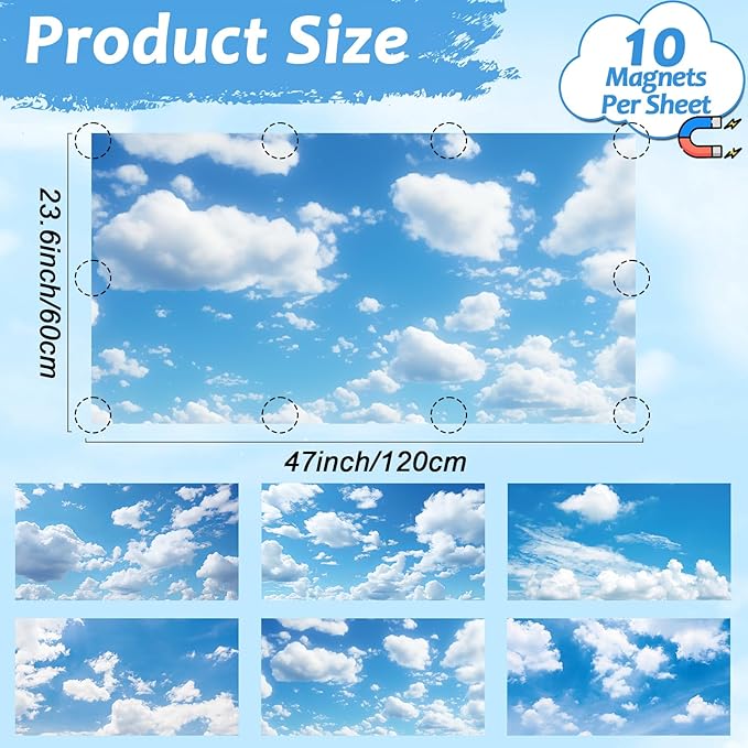 6 Pcs Fluorescent Light Covers with 60 Magnets Decorative for Classroom Ceiling Lights 4 x 2 Feet Magnetic Light Cover Filter Easy Install for Office Hospital Home Ceiling Supplies (Blue Sky Cloud)