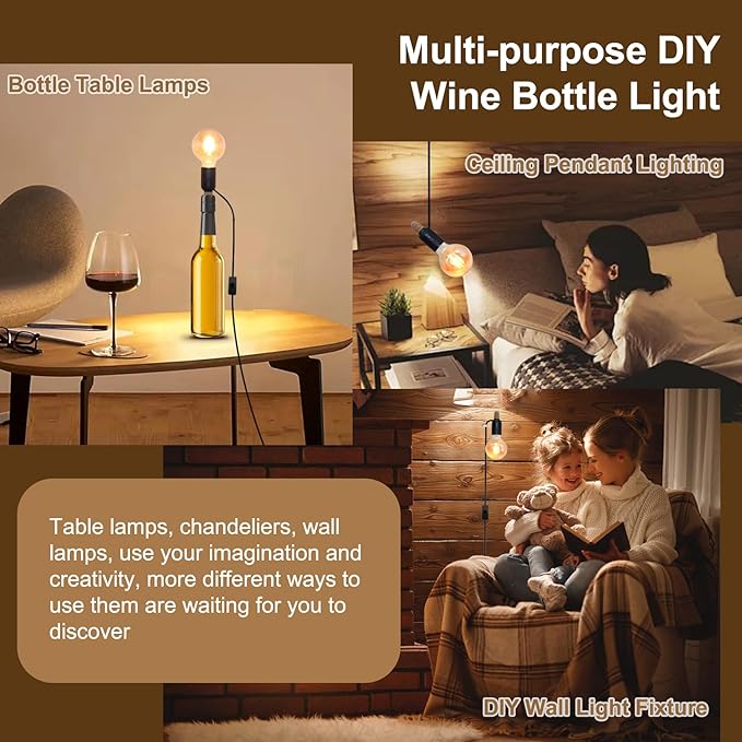 2 PCS Bottle Lamp Kit, DIY Wine Bottle Lamp for Liquor Bottle, Lamp Kits Do it Yourself Lamp Fittings Kit for Table Lamp Includes 3 Sizes of Stoppers and 2 E27 to B22 Adapter Converter