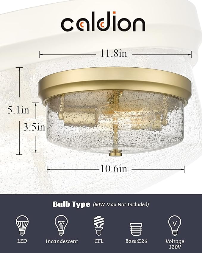 CALDION Gold Close to Ceiling Light Fixtures, 12 inch Flush Mount Hallway Light Fixture Gold Finish with Seeded Glass Shade Bedroom Ceiling Lights for Dining Room Kitchen Laundry Bathroom