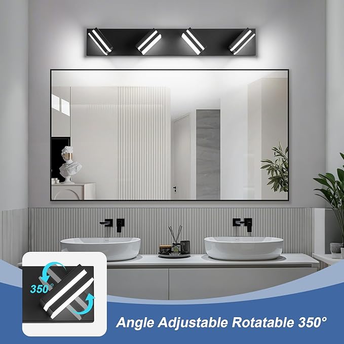 Modern LED Bathroom Lights Fixtures 4-Light,Metal Black Acrylic Wall Lighting,Vanity Lights for Bathroom Over Mirror 6000k 27in