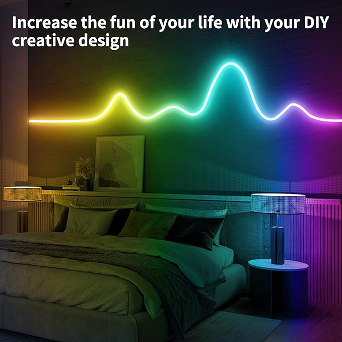 65.6FT Neon Rope Light,IP65 Waterproof RGB LED Strip Lights,Neon LED Lights with 40 Key Remote and APP Control for DIY Design,Multiple Modes for Bedroom,Holiday Decor（with Snap &Screws）