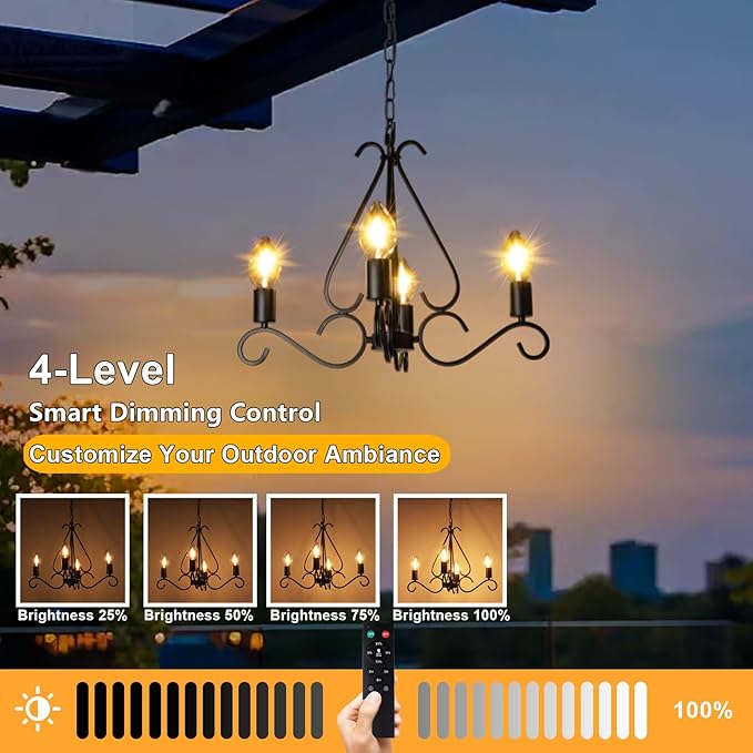 TWINKVILLA Solar Chandelier Outdoor, 4-Lights 23" Rustic Farmhouse Industrial Iron Chandeliers Waterproof Dimmable Hanging Pendant Lights for Gazebo, Pergola, Canopy, Tent Decor