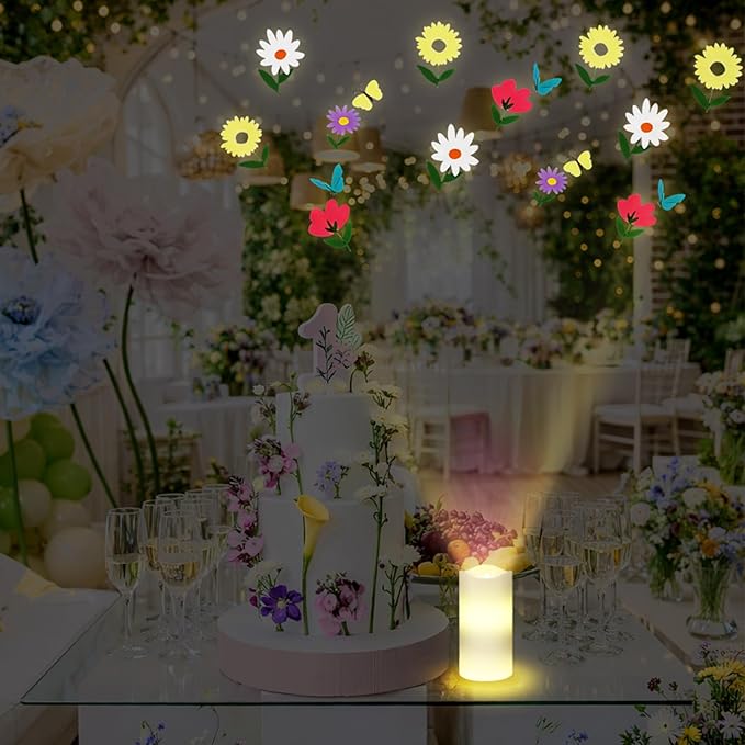 Spring Flower Flameless Candles Projector Wildflower Lights Spring Gift Floral LED Candle Night Light Battery Operated with Remote Timer for Wedding Tea Party Summer Decoration for Home Indoor