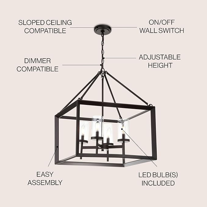 JONATHAN Y 21" Oil Rubbed Bronze/Clear 4-Light Lantern Pendant, LED Ceiling Light for Foyer Kitchen Island Entryway, Traditional Metal Fixture with Clear Glass Shade, ETL Listed (JYL7413A)