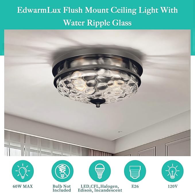Flush Mount Ceiling Lights, 2-Light Farmhouse Close to Ceiling Light, Industrial Ceiling Lighting Fixture for Kitchen Hallway Bedroom Living Room Stairways Porch (Black)