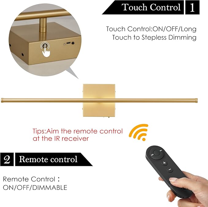 KARTOOSH Battery Operated Wall Sconces with Remote Control, Dimmable Wall Sconces Set of Two, 350°Rotate, 3000K LED Gold Wireless Wall Light for Living Room, Hallway, Bedroom, 28.3 Inch (2 Pack)