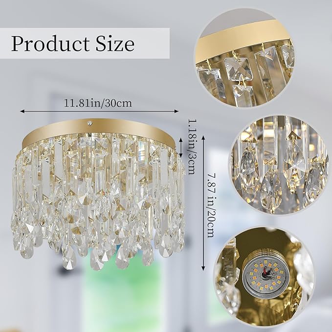 Deckrico 11.8" Gold Crystal Flush Mount Ceiling Light Fixture, Modern Close to Ceiling Chandelier with Tri-Color LED Lighting for Bedroom Hallway Dining Room
