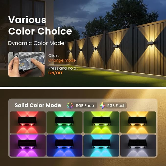 JOFIOS Solar Fence Lights Outdoor,8Pack,Warm White+RGB 9 Colors,1200mAh,Up and Down Fence Lights Solar Powered Waterproof,Solar Wall Lights for Fence,Backyard,Porch（Black）