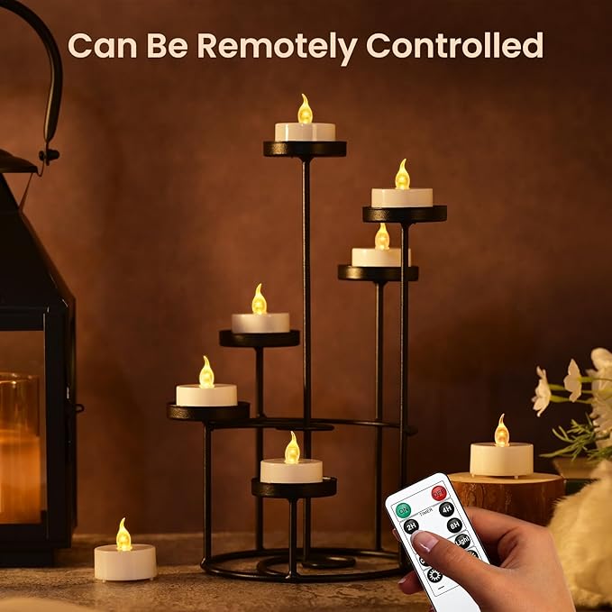 JOSU 12Pcs Flickering Flameless Led Tea Lights Candles Battery Operated, 200+ Hours Fake Electric Candles with Remote Timer, Warmer Lamp White Candlesticks for Home Wedding Party Decor