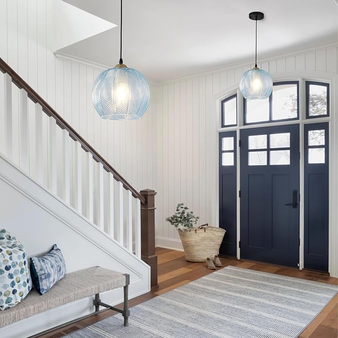 Blue Glass Pendant Light, Single Large 9.8-Inch Globe Shade Hanging Chandelier, Hand Blown Glass Ball Pendant Light Fixtures for Kitchen Island, Staircase, Dining Room, Living Room, Bedroom
