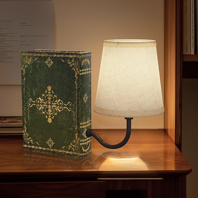 Vintage Bookshelf Lamp Rechargeable, Cordless Book Lamp with Linen Shade, Dimmable Touch Control Table Lamp, Modern Decorative Bookend, Bookshelf Lights for Office Home, Library, Study