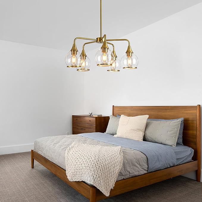 Island Light for Kitchen, 5-Light Gold Kitchen Island Linear Hanging Light Chandeliers Dining Room Light Fixture Over Table with Clear Round Glass Shades