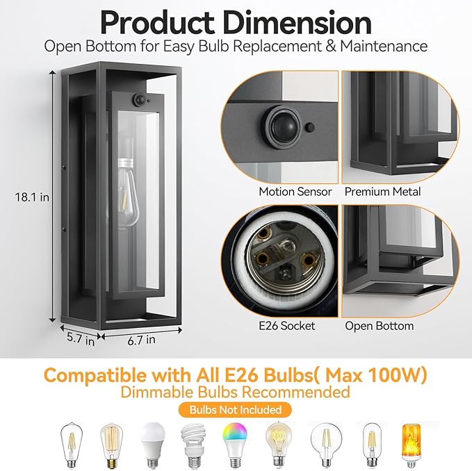 18" Motion Sensor Outdoor Front Porch Light, 2Pack Black Exterior Light Fixture Dusk to Dawn Outside Light for House Exterior Coach Lights with Clear Glass for Garage Porch Patio