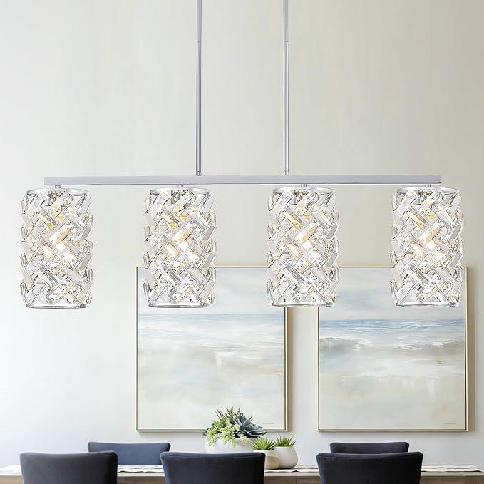 CATINER Chrome Crystal Kitchen Island Lighting 40" Modern Linear Chandelier, 4 Lights Polished Chrome Ceiling Pendant Light Fixture Over Table for Dining Room Living Room