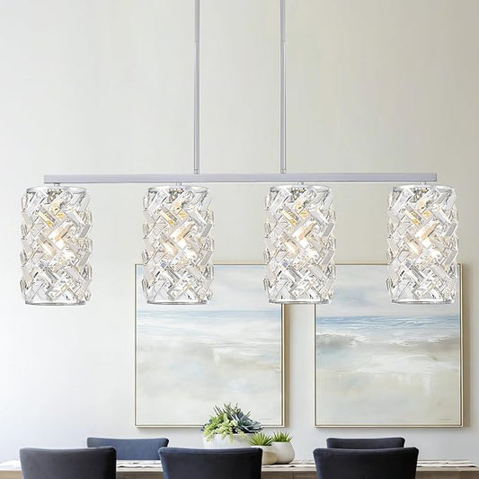 CATINER Chrome Crystal Kitchen Island Lighting 40" Modern Linear Chandelier, 4 Lights Polished Chrome Ceiling Pendant Light Fixture Over Table for Dining Room Living Room