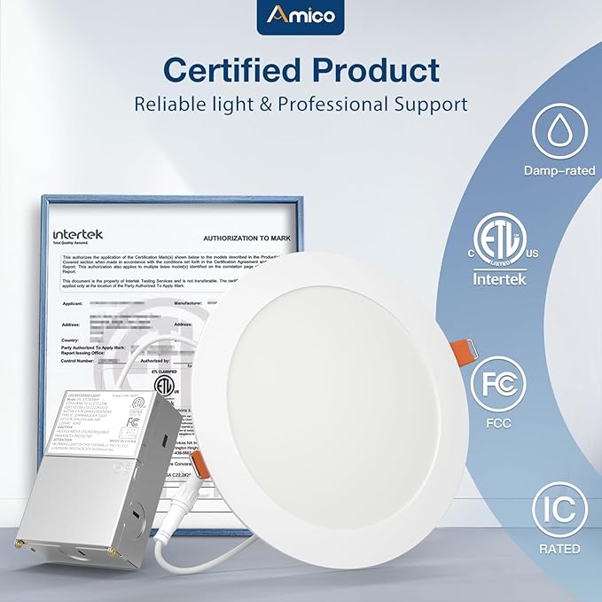 Amico 4 Pack 7 Inch 5CCT Ultra-Thin LED Canless Recessed Ceiling Light with Junction Box, 2700K/3000K/3500K/4000K/5000K Selectable, 15W=100W, 1300LM High Brightness, Dimmable Wafer Downlight-ETL&FCC