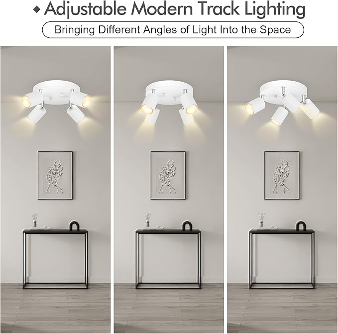4 Light Track Lighting Fixtures Ceiling, Matte White Round Directional Ceiling Spotlight, GU10 Flush Mount Track Fixture, Adjustable Modern LED Track Lights for Kitchen/Living Room, Bulb Not Included