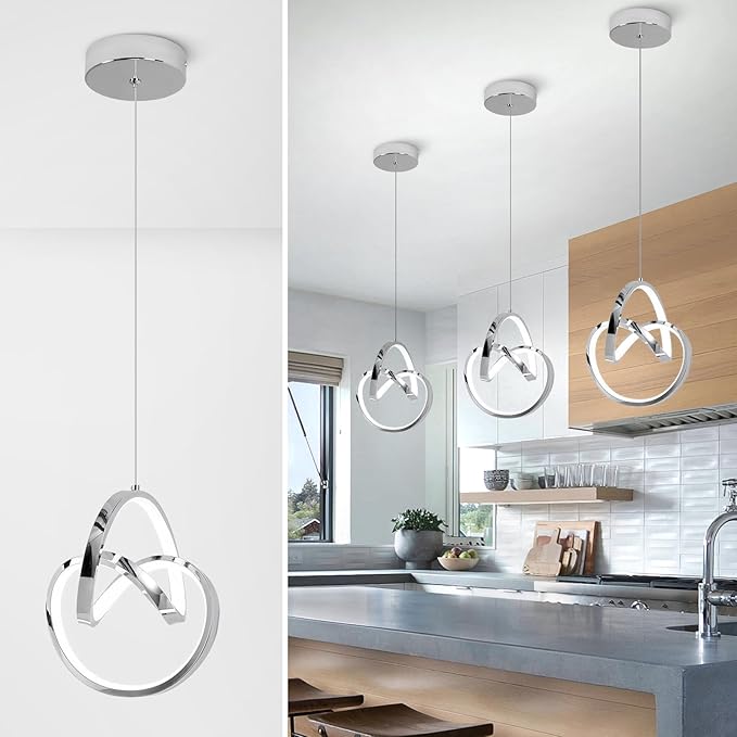 3000~6000K Modern Pendant Light Fixtures, LED Pendant Lights Kitchen Island Lighting Adjustable Height Chrome Hanging Lights for Dining Room Kitchen Bedroom, 1Pack