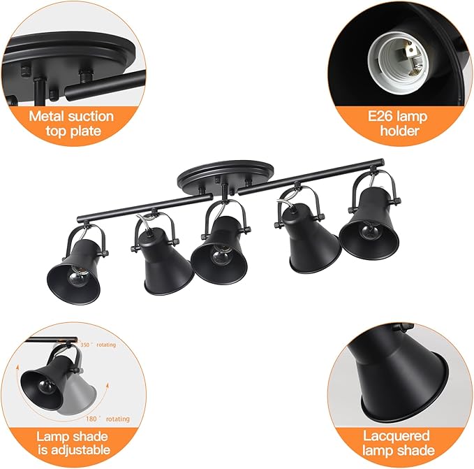 KEESFU 5-Light Track Lighting Kit,Black Semi Flush Mount Ceiling Light with 5 Rotatable Light Heads,Modern Accent Lighting for Livingroom,Bedroom,Hallway,Art Wall,Bathroom,Kitchen.(5-Light)