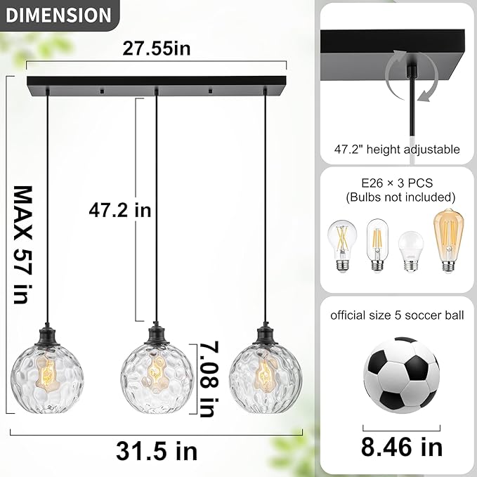 3-Light Black Island Lights for Kitchen, 31.5" Globe Pendant Light with Clear Hammered Glass Shade, Farmhouse Adjustable Hanging Light Fixtures for Dining Room Kitchen Island