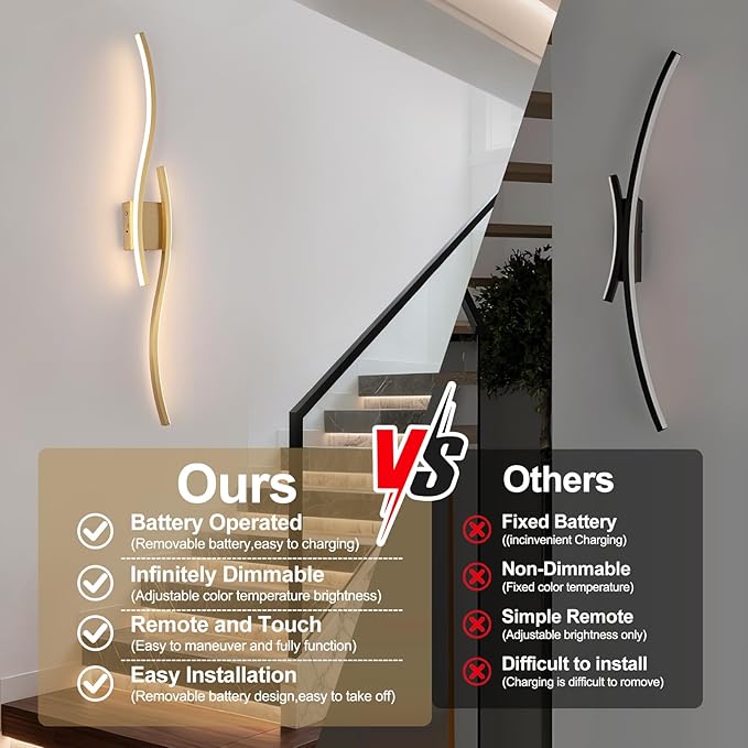 Modern LED Wall Sconce Set of Two, Dimmable Battery Powered Wall Sconces, 3000K-6500K Wireless Wall Light, Rechargeable Wall Lamp Indoor not Hardwired for Room Bedroom Corridor, 39.3in(Gold)