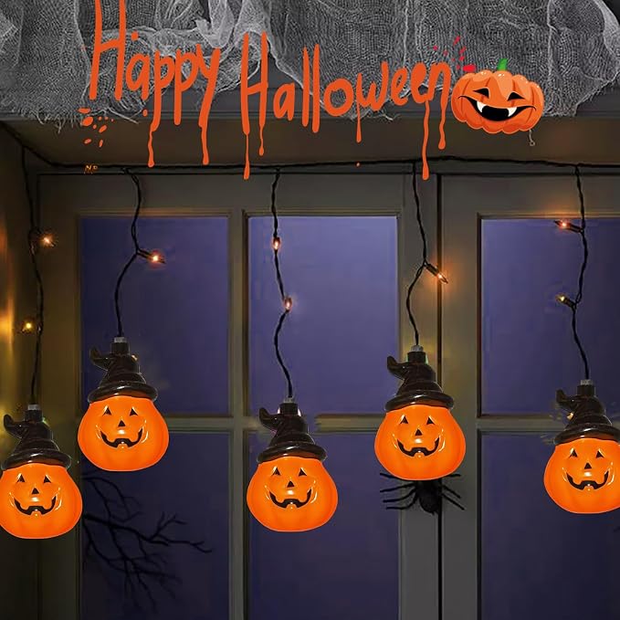 Halloween Curtain Pumpkin Hat Lights, 7Ft Hanging Halloween Decorative String Light with 10 Witch Hat Pumpkin Lights and 15 Mini Orange Bulbs UL Listed for Indoor Outdoor Party Porch Window Decor