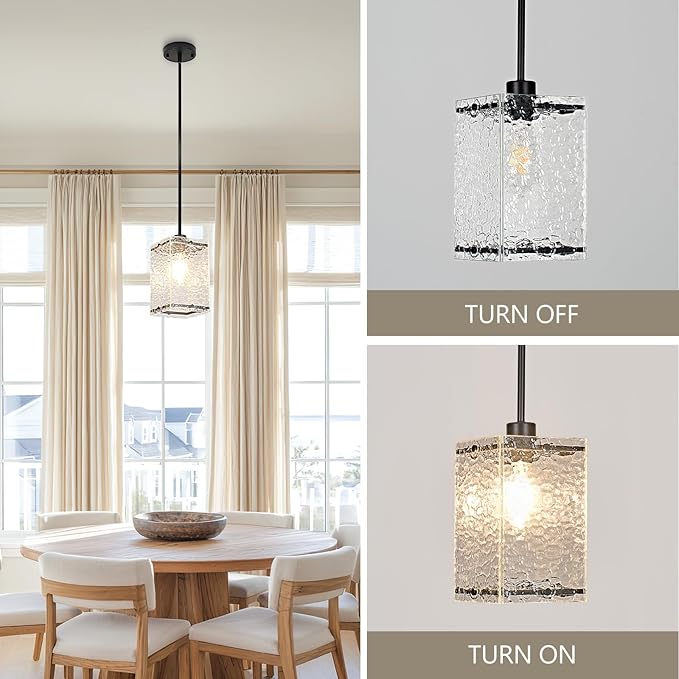 Water Ripple Glass Pendant Lights Black Pendant Lights Kitchen Island Adjustable Modern Hanging Pendant Light Fixtures for Sink Kitchen Dining Room Foyer Entryway, 1 Pack