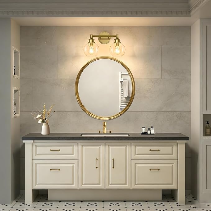 Bathroom Light Fixtures, 2-Light Brushed Gold Vanity Light Globe Glass Shades, Bathroom Lighting Fixtures Over Mirror, Wall Sconces for Master Bathroom, Guest Bathroom, Powder Room, 14-inch