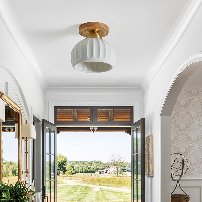 2 Pack Ceramic Wood Brass Semi Flush Mount Ceiling Light Vintage Hallway Light Fixtures, Modern Small Ceiling Mount Light Lamp for Hall Kitchen Entryway Passway Porch Foyer
