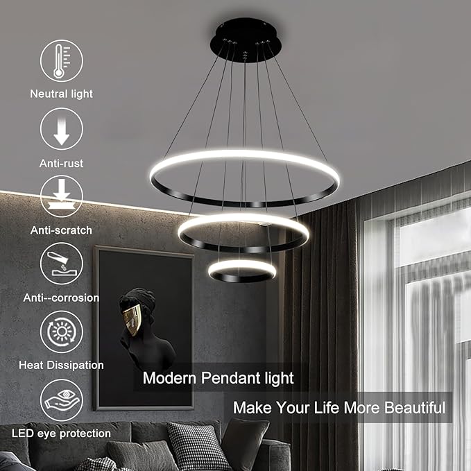 Viruhaka Modern LED Pendant Light, Adjustable Height Circular Entrance Black 3 Ring Circular Chandelier Fixture, Suitable for Restaurants, Kitchens, Islands, Living Rooms, Cafes, Etc. (4000K)