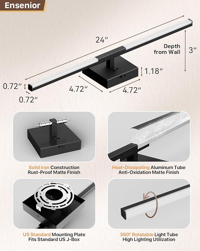 Ensenior Modern Bathroom Vanity Light 24 inch, Built-in Dimmer, 14W Dimmable 5CCT Led Bath Lights, Black Bar Vanity Light for Bathroom Mirror Cabinets Bedroom-FCC & ETL Certificated