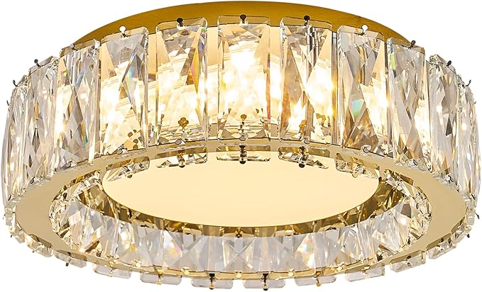 Crystal Dimmable Flush Mount Ceiling Light, Glod Modern LED Close to Ceiling Light Fixture with 5CCT 2700K-6000K, Round Kitchen Lighting for Bedroom, Laundry Room, Hallway, Bathroom (11in 24W)