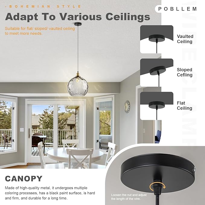 13.8" Large Grey Glass Pendant Lights Kitchen Island Hammered Glass Globe Pendant Lamp Mid Century Modern 1-Light Pendant Lighting Fixtures for Dining Room Living Room Bedroom