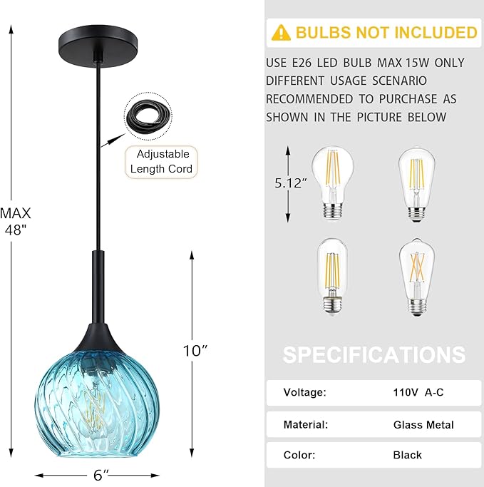 1 Light Pendant Ceiling Light Hanging Modern Farmhouse Indoor Fixture 6" Blue Textured Glass Black Finish Dinning Over Sink Kitchen Island