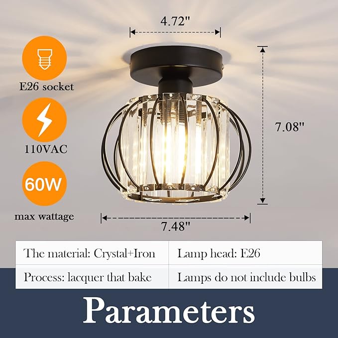 YYJLX 2 Pack Semi Flush Mount Ceiling Light Fixture Modern Small Crystal Chandelier Mini Indoor Ceiling Lamp for Bathroom Hallway Foyer Porch Hall Closet（Black）