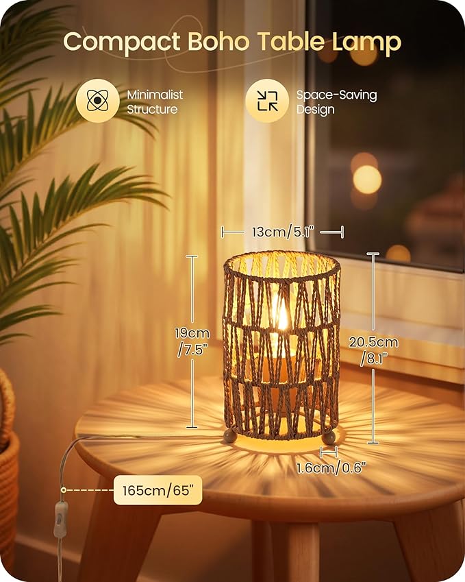 Small Rattan Table Lamps Set of 2, Boho Bedside Lamps Plug in, Handwoven Paper Rattan Lampshade, 2400K LED Bulb Included, Desk Lamp, Nightstand Lamp for Bedroom, Living Room, Mesh H11TLP205