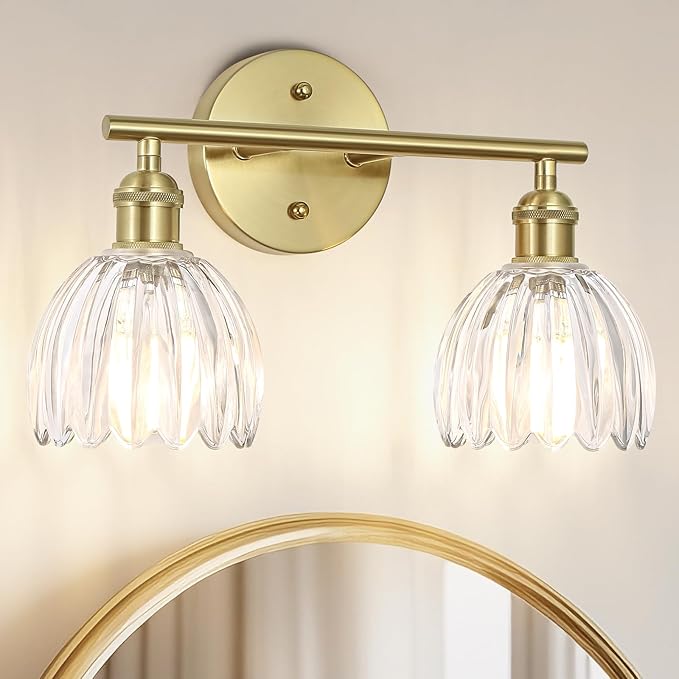 Vintage Bathroom Light Fixtures,2-Light Hardwired Vanity Lights with Clear Tulip Glass Shade,Gold Bathroom Vanity Light for Mirror Restroom,E26 Socket,14.57 in(Bulbs Not Included)