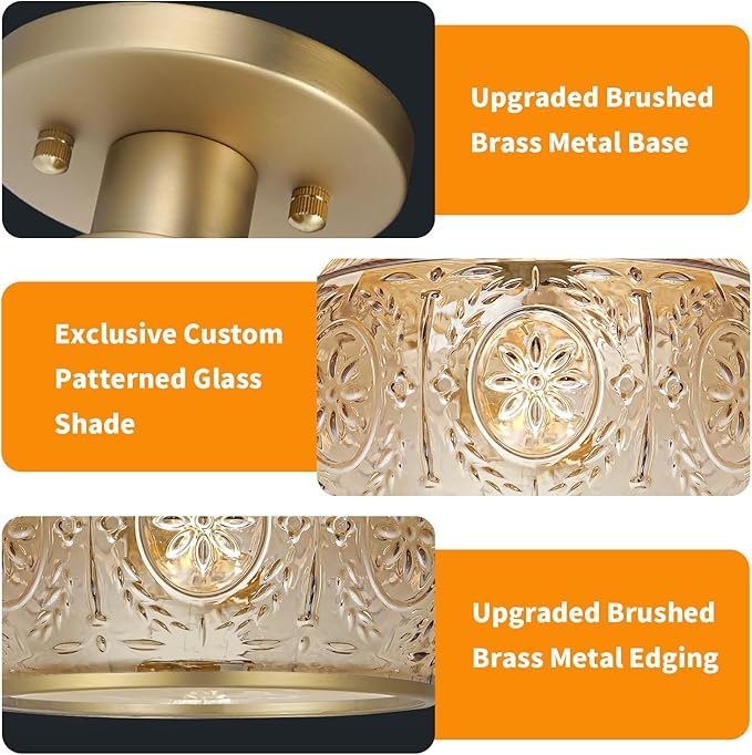 Brushed Brass Semi Flush Mount Ceiling Light with Amber Globe Glass Shade, Modern Hallway Lighting Fixtures, Vintage Ceiling Light for Kitchen, Bedroom, Closet, Entryway, Porch