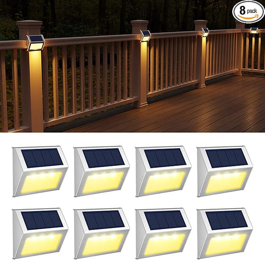 JSOT Solar Lights Outdoor for Deck,Waterproof Solar Powered Steps Light Outdoor Wireless LED Lamp Fence Lighting Walkway Patio Stair Garden Path Rail Backyard Fences Post 8 Pack Warm White