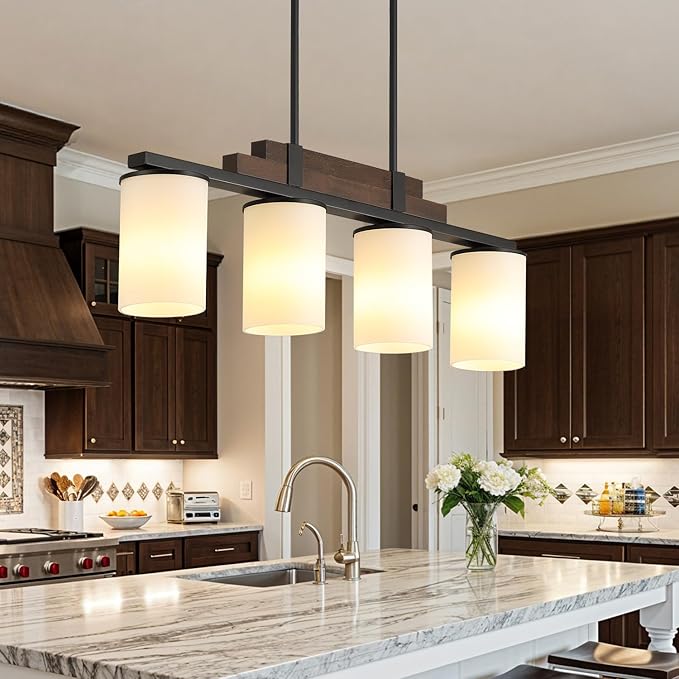 Farmhouse Wood Kitchen Island Lighting, 4-Light Adjustable Chandelier for Dining Room, Milk Glass Shade Dining Room Light Fixture Over Table, Black Hanging Pendant Lights for Kitchen, Pool Table