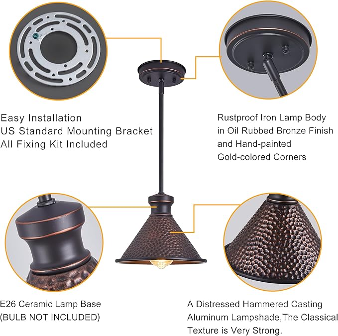 Tarentlight Pendant Light (2 Packs), Kitchen Lights Ceiling Hanging,Oil-Rubbed Bronze Finish, Farmhouse Lighting for Kitchen Island Room,Vintage Hammered Textured Aluminum Shade, Height Adjustable