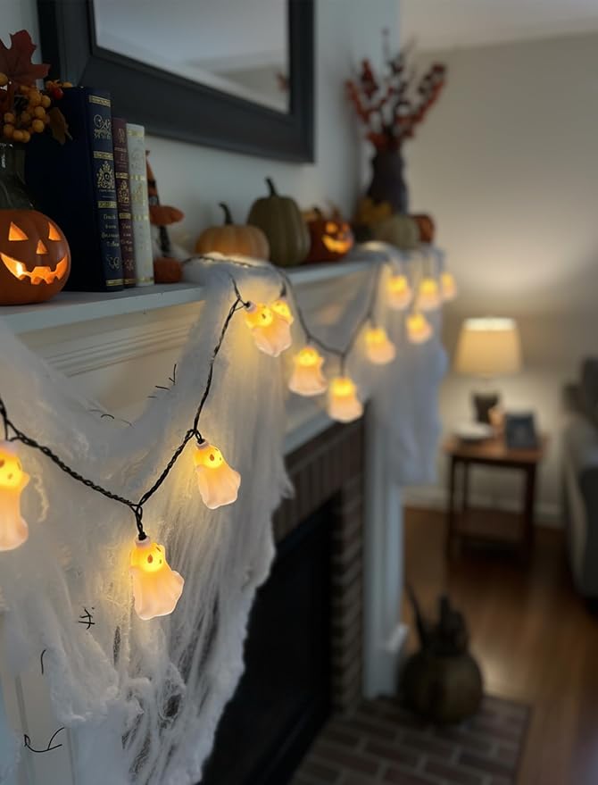 Halloween Ghost Lights,8.5Ft Halloween Fairy Decorations Lights with 10 LED White Ghost Lamp Waterproof UL Listed for Indoor Bedroom Patio Backyard Camping Desk Party Decor