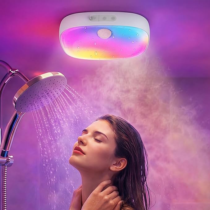 Shower Light IP65 Waterproof, Motion Sensor Ceiling Light, Rechargeable Closet Light with 10000mAh Battery & Remote, 18 RGB Colors LED Bathroom Shower Lamp for Inside Shower/Bathtub, Mood Lighting