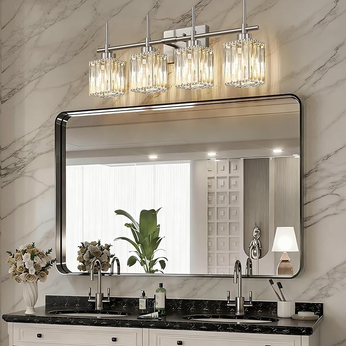 Torondo Modern Crystal Bathroom Vanity Light 4-Light Brushed Nickel Bathroom Light Fixtures Over Mirror Vanity Lighting Fixtures Square Shade Brass Wall Sconce (Bulbs Not Include)