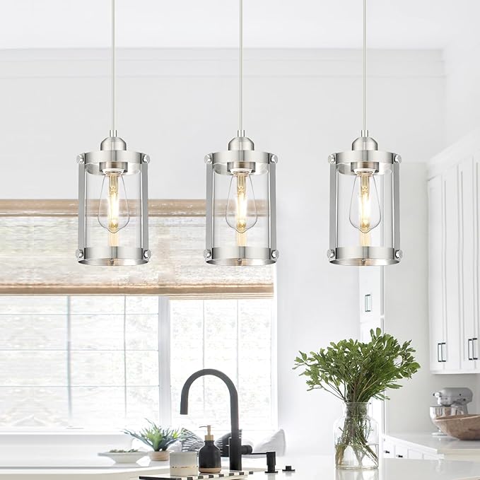 Brushed Nickel Pendant Lights Kitchen Island, 1-Light Modern Mini Hanging Light Fixtures with Clear Glass, Farmhouse Kitchen Pendant Lighting Over Island for Sink, OS-3014-1PBN