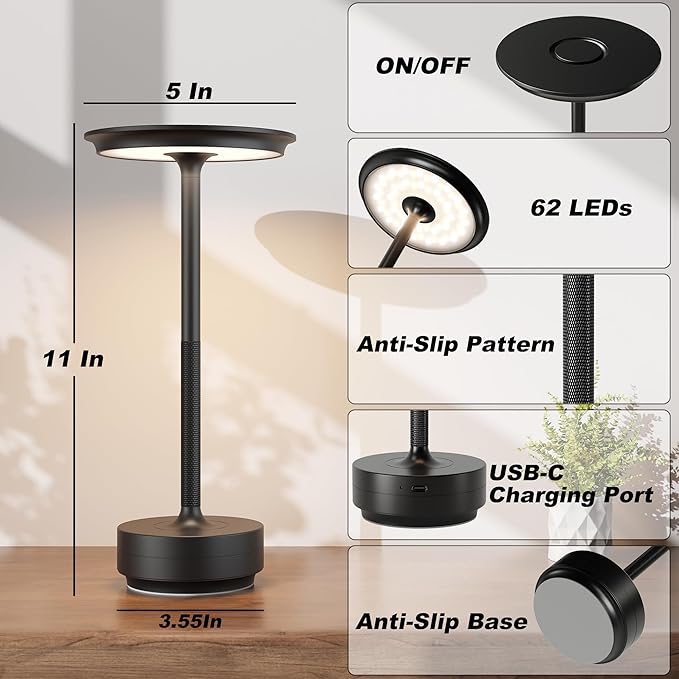 TBBGA 2 Pack Rechargeable Table Lamps Cordless, Portable 5000mAh Outdoor Table Light, 3 Color Stepless Dimming LED Table Lamp with Memory Function, for Home/Dinner/Patio/Restaurant.(Black)